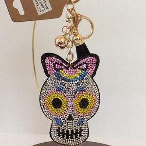 Halloween! Shiny Whimsical Girl Rhinestone Skull Keychain NWT